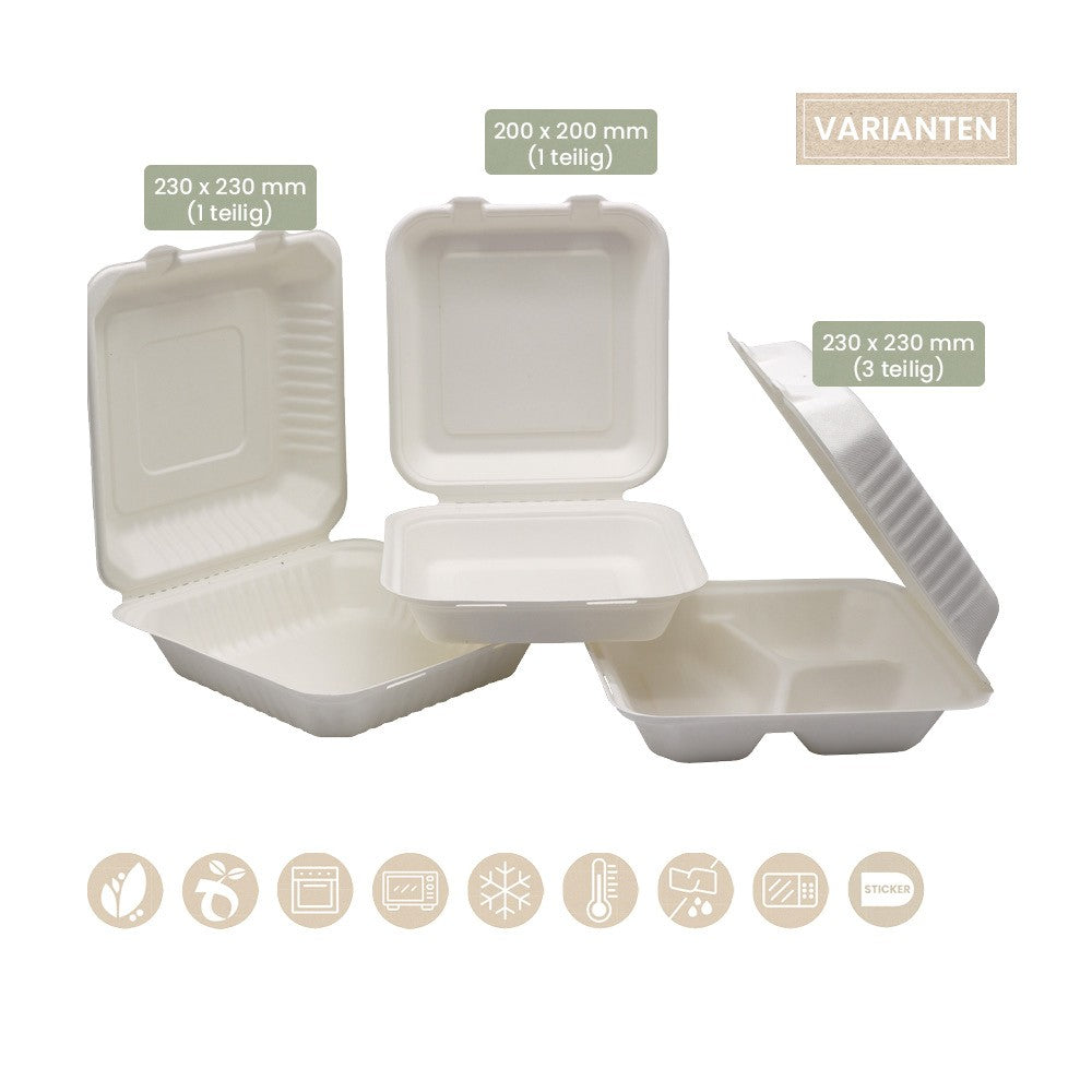 BIO Klappbox quadratisch - ungeteilt und 3 geteilt für Kaltes & Warmes (PULP) - ab 200 Stk.