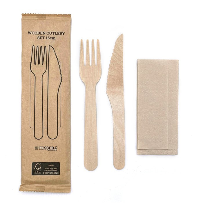 Besteckset (Messer, Gabel, Serviette) aus Birke mit Bienenwachs - Holz - ab 500 Stk.