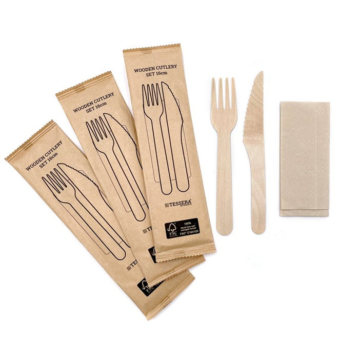 Besteckset (Messer, Gabel, Serviette) aus Birke mit Bienenwachs - Holz - ab 500 Stk.